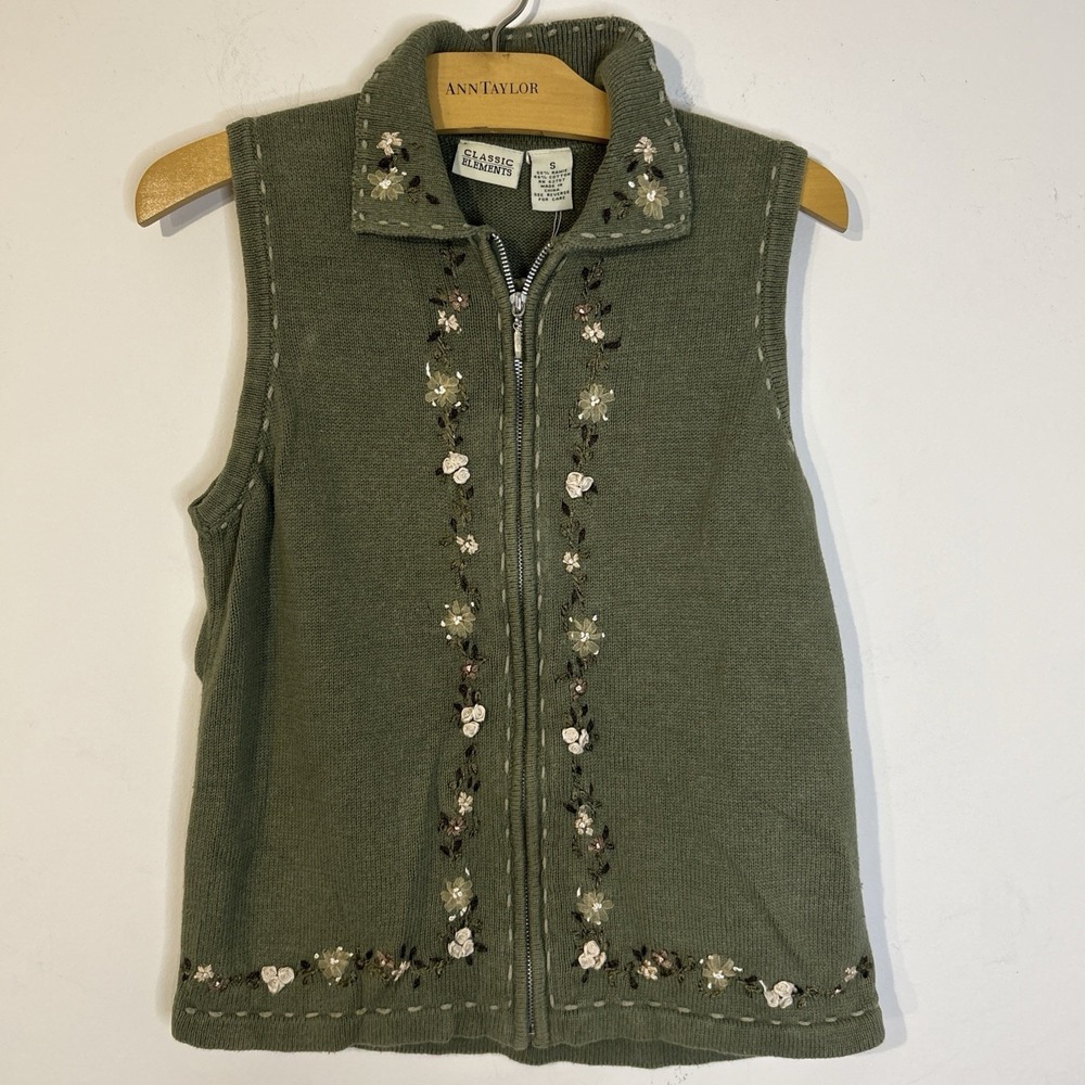 Classic Elements  Olive Green Embroidered Floral Knit Sweater Vest - Size S